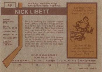 1973-74 O-Pee-Chee #49 Nick Libett Back