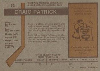 1973-74 O-Pee-Chee #52 Craig Patrick Back