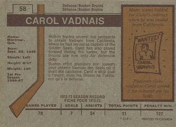 1973-74 O-Pee-Chee #58 Carol Vadnais Back