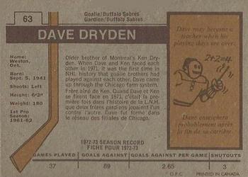 1973-74 O-Pee-Chee #63 Dave Dryden Back