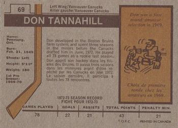 1973-74 O-Pee-Chee #69 Don Tannahill Back