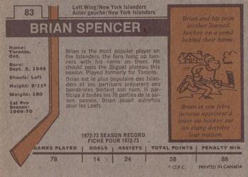 1973-74 O-Pee-Chee #83 Brian Spencer Back
