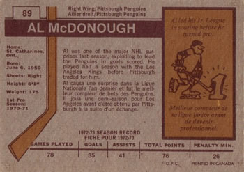 1973-74 O-Pee-Chee #89 Al McDonough Back
