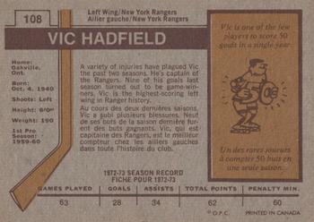 1973-74 O-Pee-Chee #108 Vic Hadfield Back
