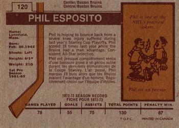 1973-74 O-Pee-Chee #120 Phil Esposito Back
