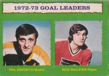 1973-74 O-Pee-Chee #133 1972-73 Goal Leaders (Phil Esposito / Rick MacLeish) Front