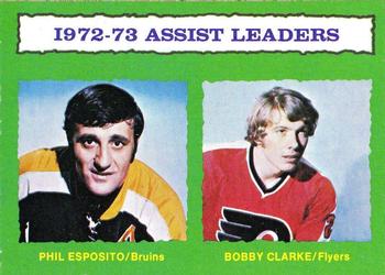 1973-74 O-Pee-Chee #134 1972-73 Assist Leaders (Phil Esposito / Bobby Clarke) Front