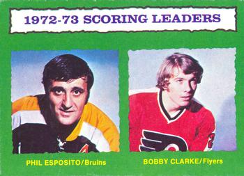 1973-74 O-Pee-Chee #135 1972-73 Scoring Leaders (Phil Esposito / Bobby Clarke) Front