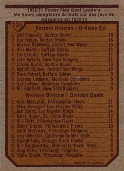 1973-74 O-Pee-Chee #138 1972-73 Power Play Goal Leaders (Phil Esposito / Rick MacLeish) Back