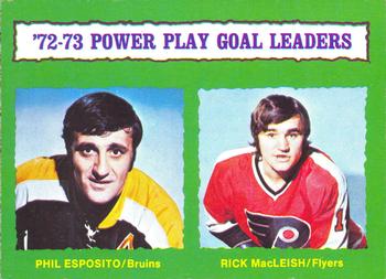 1973-74 O-Pee-Chee #138 1972-73 Power Play Goal Leaders (Phil Esposito / Rick MacLeish) Front