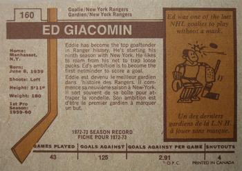 1973-74 O-Pee-Chee #160 Ed Giacomin Back
