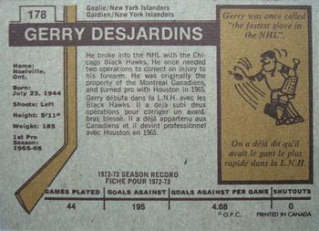 1973-74 O-Pee-Chee #178 Gerry Desjardins Back