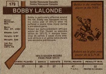 1973-74 O-Pee-Chee #179 Bobby Lalonde Back