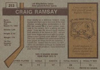 1973-74 O-Pee-Chee #213 Craig Ramsay Back