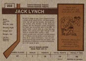 1973-74 O-Pee-Chee #232 Jack Lynch Back