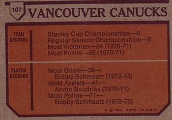 1973-74 Topps #107 Vancouver Canucks Team Back