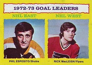 1973-74 Topps #1 1972-73 Goal Leaders (Phil Esposito / Rick MacLeish) Front