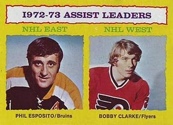 1973-74 Topps #2 1972-73 Assist Leaders (Phil Esposito / Bobby Clarke) Front