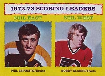 1973-74 Topps #3 1972-73 Scoring Leaders (Phil Esposito / Bobby Clarke) Front