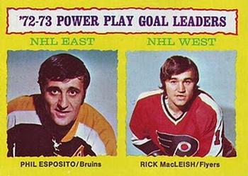 1973-74 Topps #6 1972-73 Power Play Goal Leaders (Phil Esposito / Rick MacLeish) Front