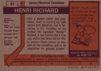 1973-74 Topps #87 Henri Richard Back