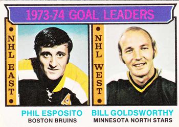 1974-75 O-Pee-Chee #1 1973-74 Goal Leaders (Phil Esposito / Bill Goldsworthy) Front