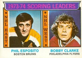 1974-75 O-Pee-Chee #3 1973-74 Scoring Leaders (Phil Esposito / Bobby Clarke) Front