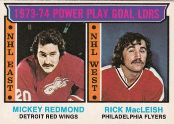 1974-75 O-Pee-Chee #6 1973-74 Power Play Goal Ldrs (Mickey Redmond / Rick MacLeish) Front