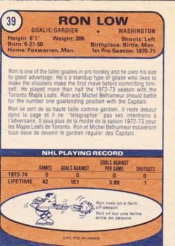 1974-75 O-Pee-Chee #39 Ron Low Back