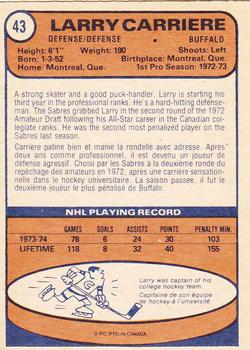1974-75 O-Pee-Chee #43 Larry Carriere Back