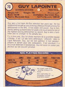1974-75 O-Pee-Chee #70 Guy Lapointe Back