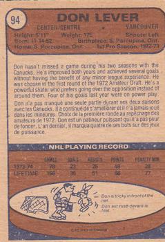 1974-75 O-Pee-Chee #94 Don Lever Back