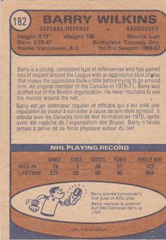 1974-75 O-Pee-Chee #182 Barry Wilkins Back