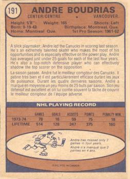 1974-75 O-Pee-Chee #191 Andre Boudrias Back