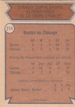 1974-75 O-Pee-Chee #214 Semi-Finals (Blackhawks vs. Bruins) Back