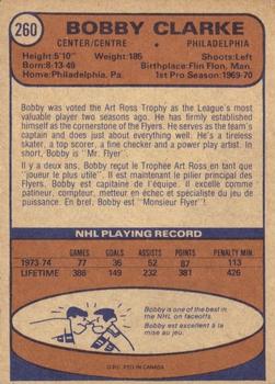1974-75 O-Pee-Chee #260 Bobby Clarke Back
