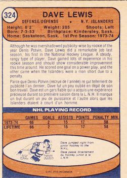 1974-75 O-Pee-Chee #324 Dave Lewis Back
