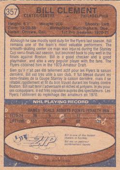 1974-75 O-Pee-Chee #357 Bill Clement Back