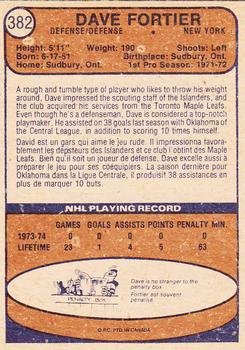 1974-75 O-Pee-Chee #382 Dave Fortier Back
