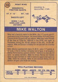 1974-75 O-Pee-Chee WHA #10 Mike Walton Back
