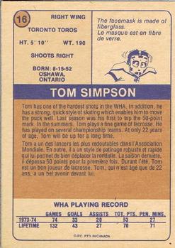 1974-75 O-Pee-Chee WHA #16 Tom Simpson Back