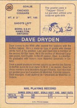 1974-75 O-Pee-Chee WHA #20 Dave Dryden Back