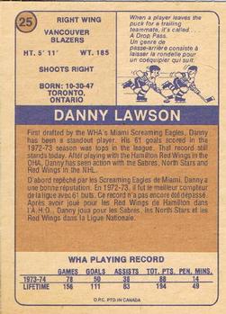 1974-75 O-Pee-Chee WHA #25 Danny Lawson Back