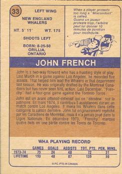 1974-75 O-Pee-Chee WHA #33 John French Back