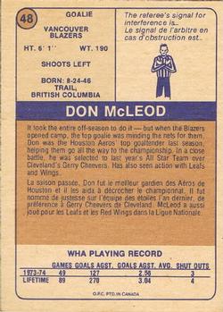 1974-75 O-Pee-Chee WHA #48 Don McLeod Back