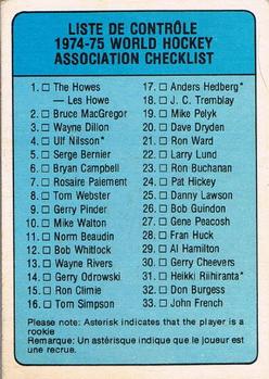 1974-75 O-Pee-Chee WHA #53 Checklist Front