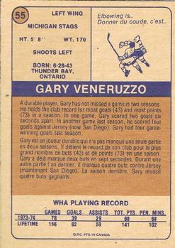 1974-75 O-Pee-Chee WHA #55 Gary Veneruzzo Back