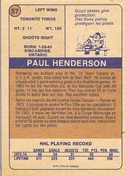 1974-75 O-Pee-Chee WHA #57 Paul Henderson Back