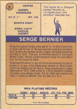 1974-75 O-Pee-Chee WHA #5 Serge Bernier Back