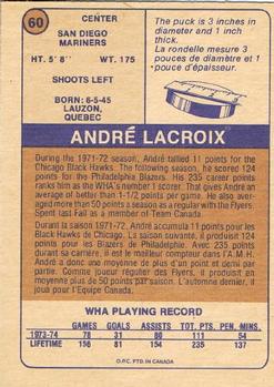 1974-75 O-Pee-Chee WHA #60 Andre Lacroix Back